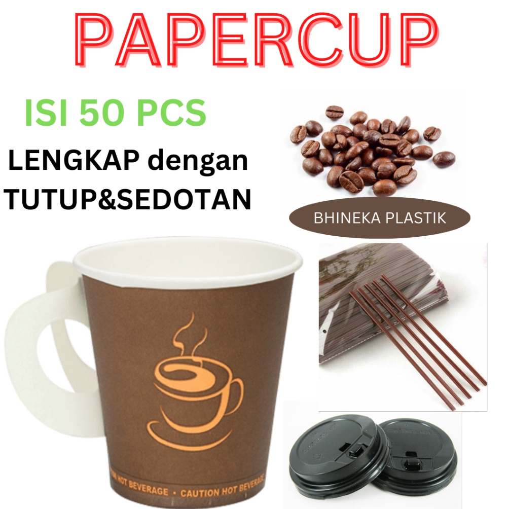 SEGERA BELI PaperCup Kuping  Gelas kertas Gagang  Tutup  Sedotan isi 5pcs Paper cup Gelas Kertas Gel