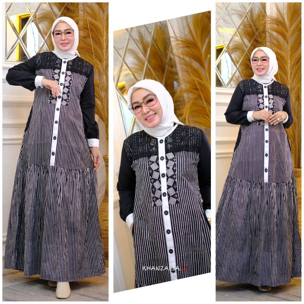 Gamis Katun Listya Hitam Putih Garis Batik Cap Premium
