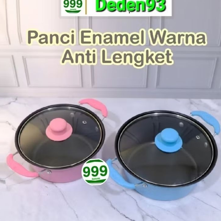 Panci Enamel Warna Anti Lengket Tutup Kaca / Panci Kuah Sup 22cm - 20cm