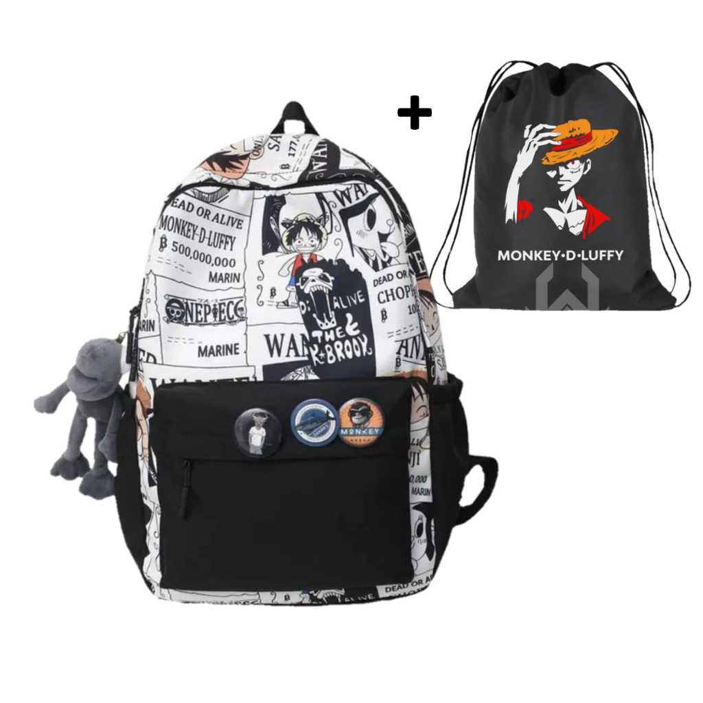 READY INSTAN TAS RANSEL BACKPACK LUFI LUFFY ONE PIECE KARTUN ANIME WARNA HITAM PUTIH UNTUK SEKOLAH K
