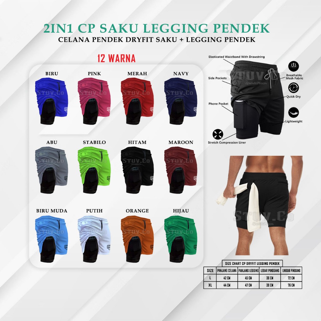Celana Saku 2in1 Dry Fit Double Layer Kompresi Celana Lari Futsal Sepeda Badminton Celana Olahraga P