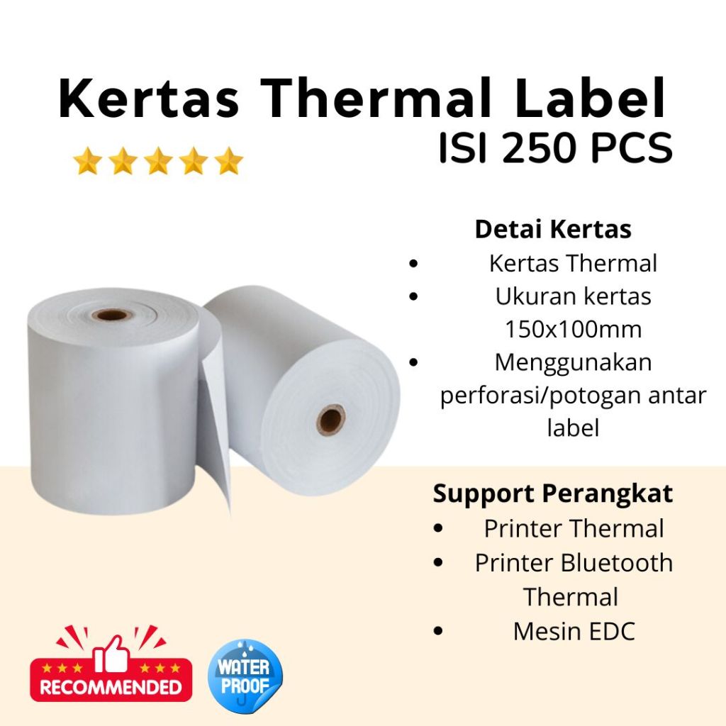 

(LEBIH TEBAL) KERTAS THERMAL LABEL 100x150 Isi 250pc Paper Roll Printer Praktis