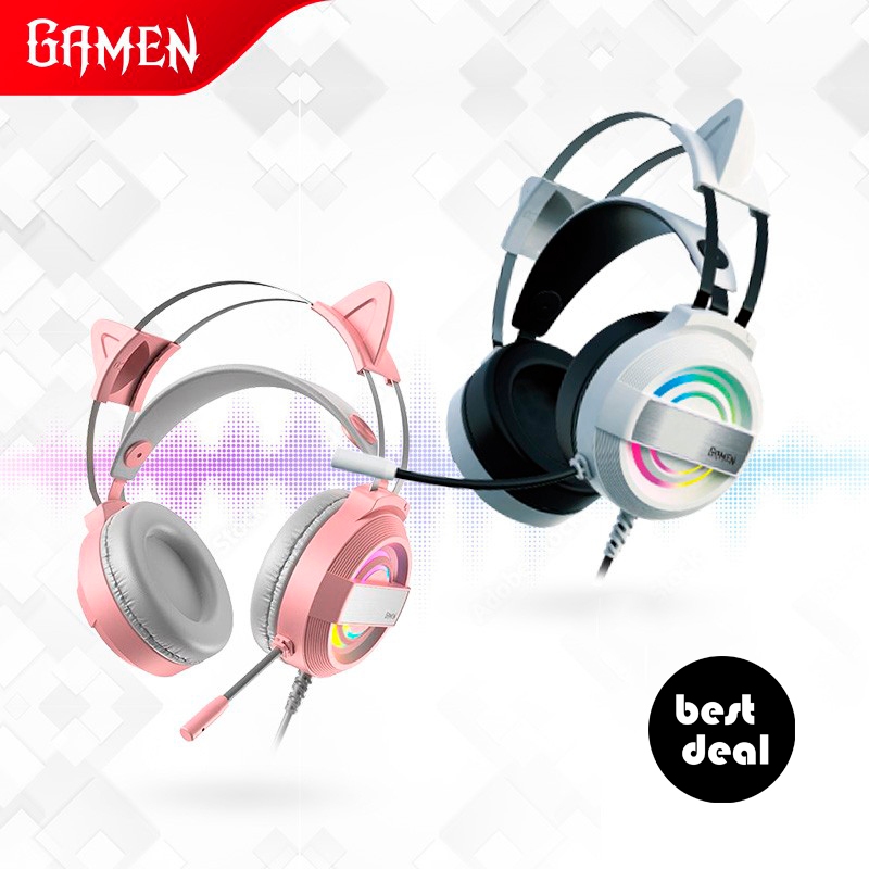 Gamen GH1100 Pink Cat Ear Cute RGB Wired Headset Headphone Gaming HP