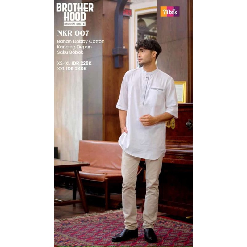 Koko Nibras NKR 007 Baju Muslim Pria Dewasa Kurta Putih Hitam Lengan Pendek 3/4 Ukuran S M L XL XXL