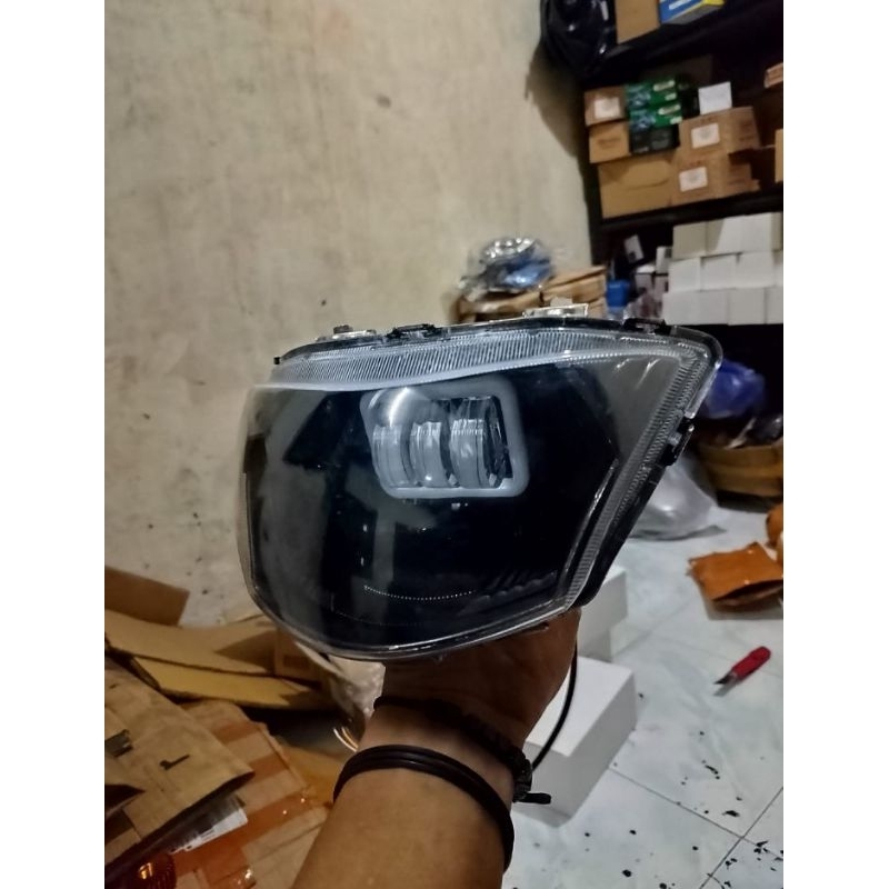 Headlamp Reflektor Lampu Depan Mio J Custom Hitam Plus Lampu Tembak LED Lensa 3 Mata List Biru Super