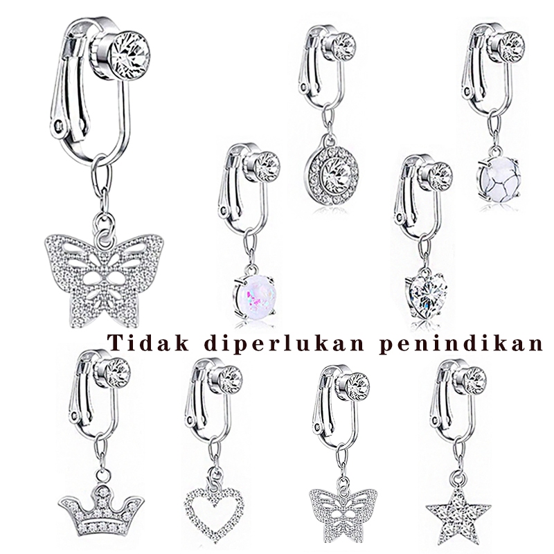 Cincin pusar palsu bebas tindik zirkon, perhiasan kuku pusar, anting, klip telinga