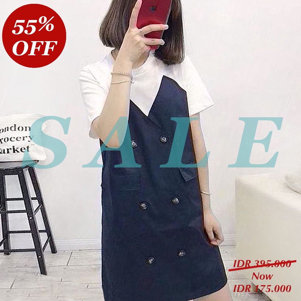 DRESS MINI KAOS & KATUN POPLIN TUXEDO HITAM PUTIH KOREA IMPORT ~ DEFECT SALE