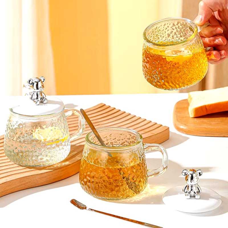 Gelas kaca mug tutup beruang/gelas kaca sendok tutup/gelas kaca minum kopi dan teh