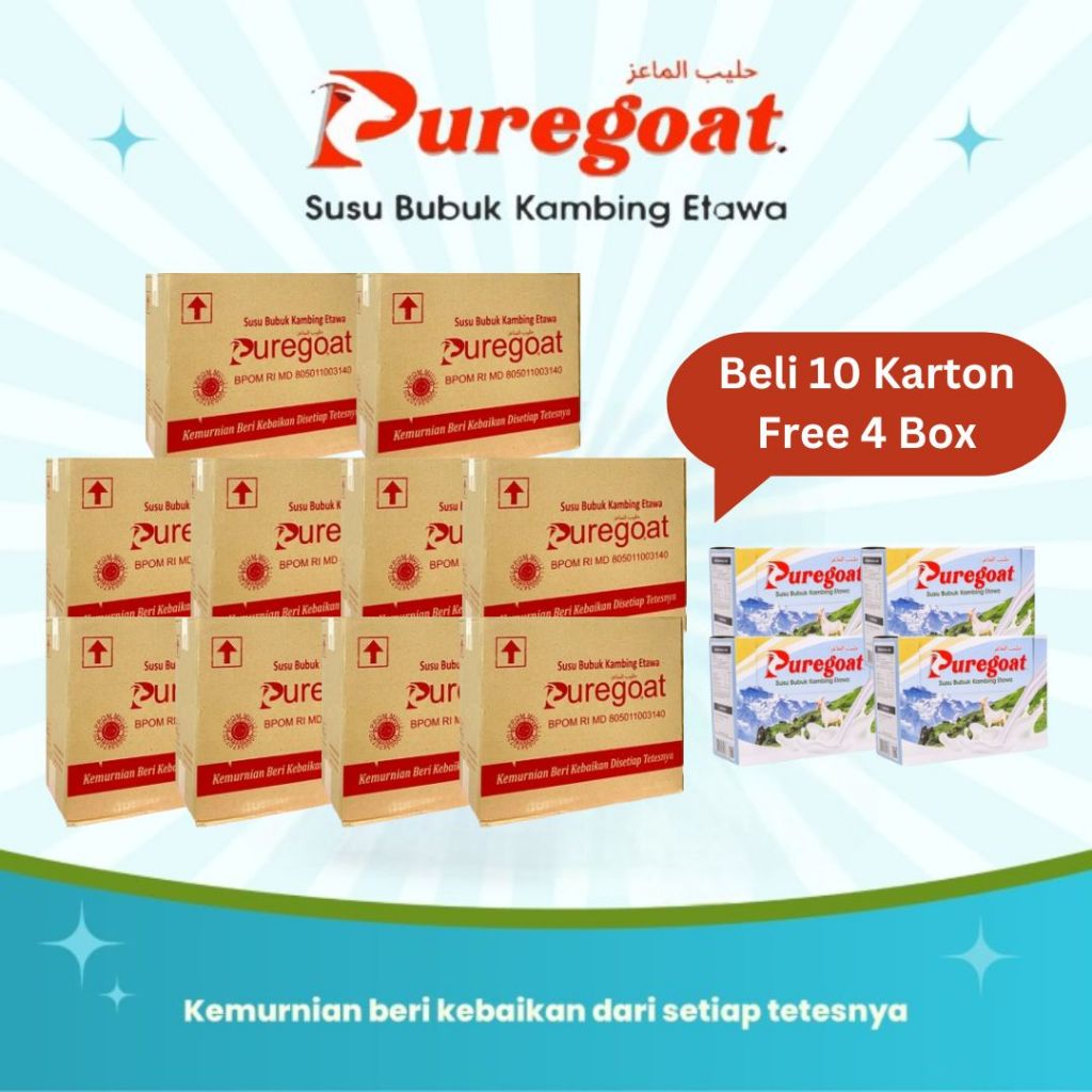 

Puregoat - Susu Kambing Etawa Bubuk Rasa Gula Aren Murni - Paket 10 Karton GRATIS 4 BOX