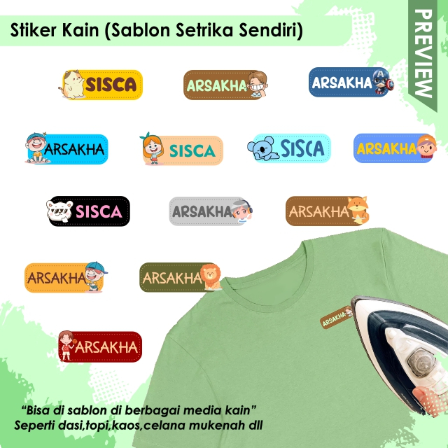 

(30pcs) DTF---LABEL NAMA KAIN CUSTOM / Stiker Baju,dasi,topi, dll / Sablon Nama/ Stiker Setrika
