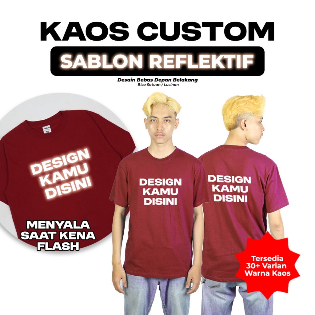 Kaos Custom Sablon Satuan Reflective Silver 2 Sisi Reflektif Menyala Saat Kena Flash Pria Wanita