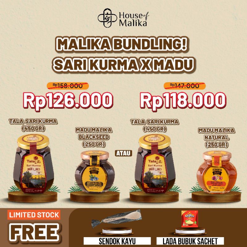 

BUNDLING PAKET HEMAT Tala Sari Kurma 450gr & Madu Malika 250gr