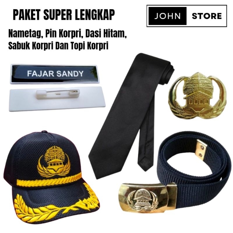 Paket Nametag ASN/PNS Super Lengkap (Nametag, Dasi Hitam, Pin Korpri, Sabuk Korpri dan Topi Korpri)