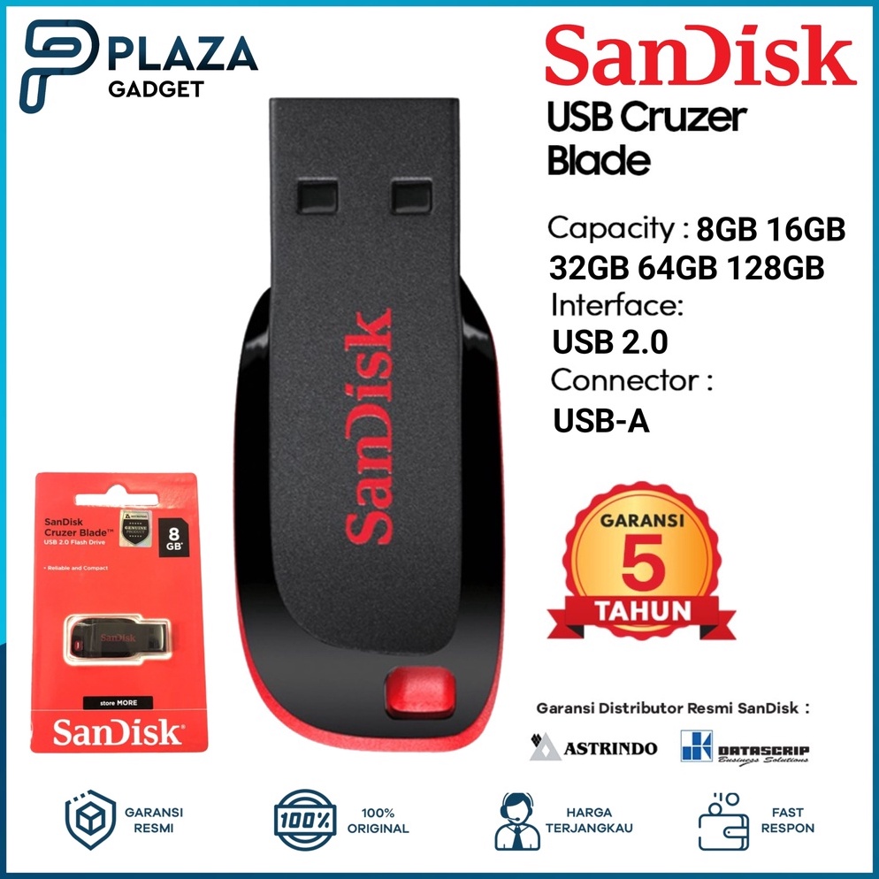 SanDisk Cruzer Blade CZ5 USB Flash Drive 8GB 16GB 32GB 64GB 128GB Original Garansi Resmi 5 Tahun q F