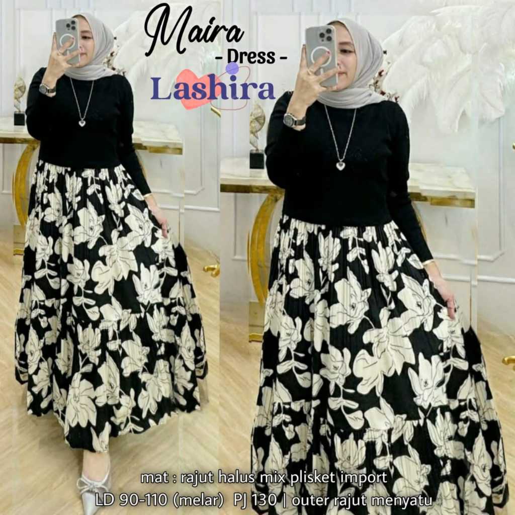 Maira baju gamis midi dres wanita muslim rajut knit plisket motif jumbo ld 110 import terbaru 2024