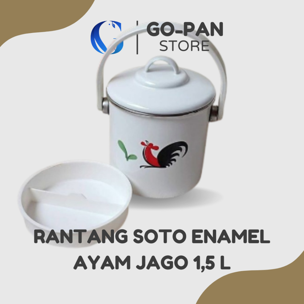 Rantang Soto Rawon Kuah Soup Tunggal Besar Ukuran 1500 ml Enamel Porselen Motif Ayam Jago Kukuruyuk