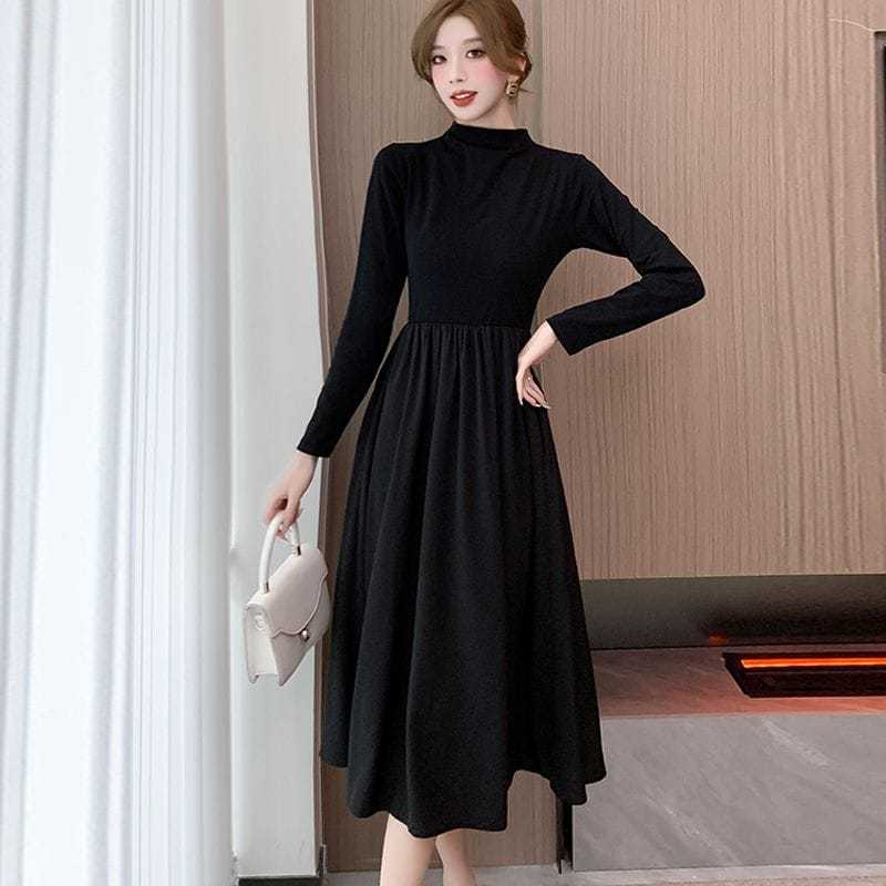Korean Midi Dress Basic Black Manset Turtleneck Lengan Panjang Hijab Friendly