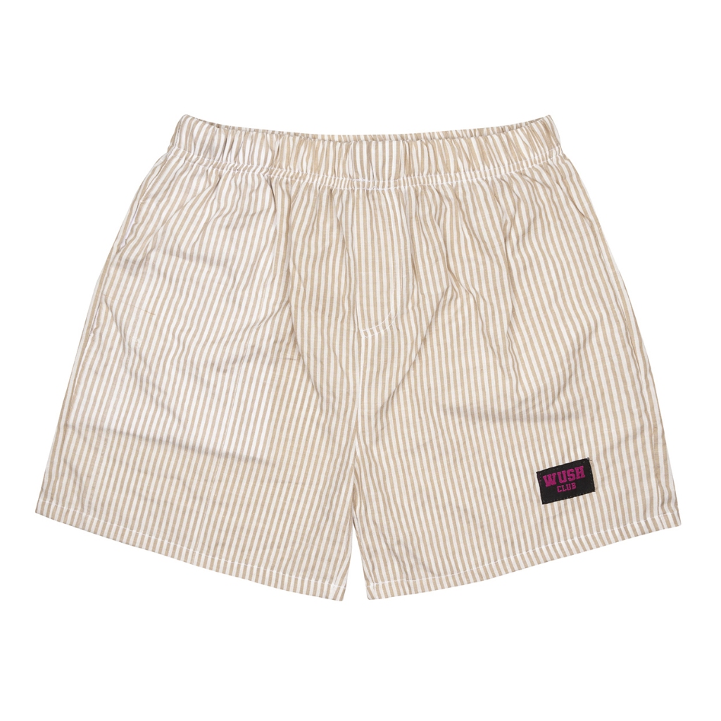 WUSH CLUB CELANA PENDEK PRIA WANITA KOLOR BOXER MOTIF GARIS GARIS SALUR COKLAT MUDA