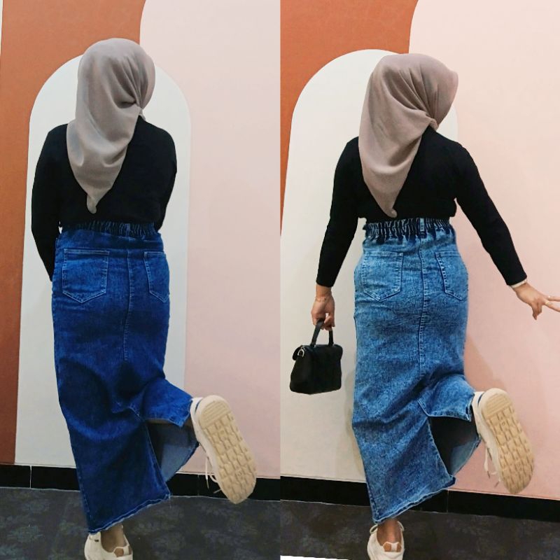 RT ROK THEANA JEANS PANJANG WANITA MODEL BELAH//THEANA ROK JEANS SPAN SKIRT CEWEK