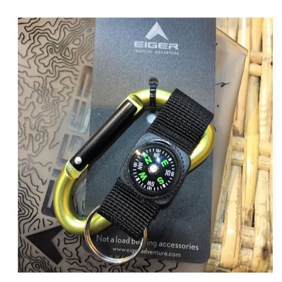 KODE F79Q OTDORSTORE  EIGER1989 ORIGINAL CARABINER 8MM PEAR CAR WITH STRAP COMPASS  YELLOW