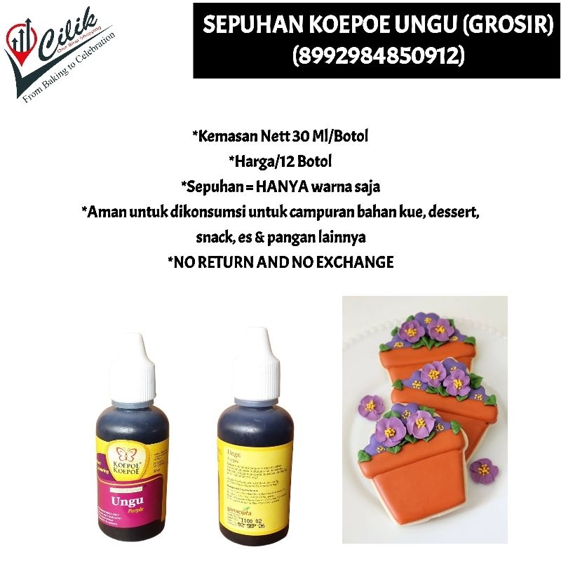 

sepuhan+color+cair+water+food grade+aman dikonsumsi+merk+koepoe+kupu+butterfly+warna+bahan+kue+adonan+roti+donat+makanan+masakan+cake+krim+buttercream+fondant+ungu