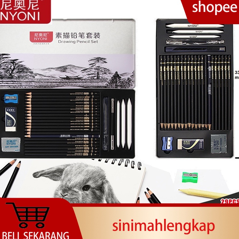 

KODE Y7M NYONI Sketch drawing pencil pensil grafit charcoal arang 29 pcs set tin case