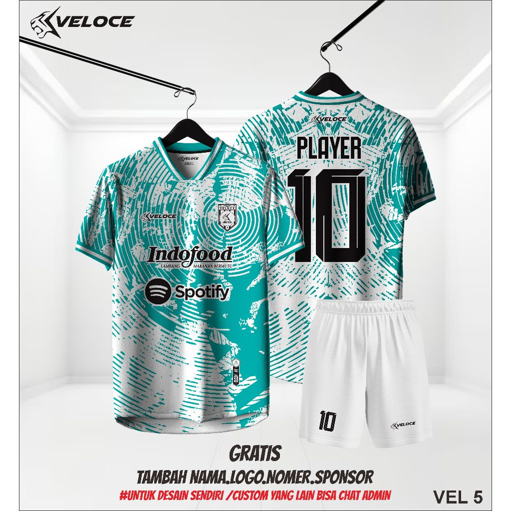 Jersey Custom Baju Setelan Futsal Sepak Bola Motif Warna Putih Hijau Veloce.ind Full Print Nama Logo