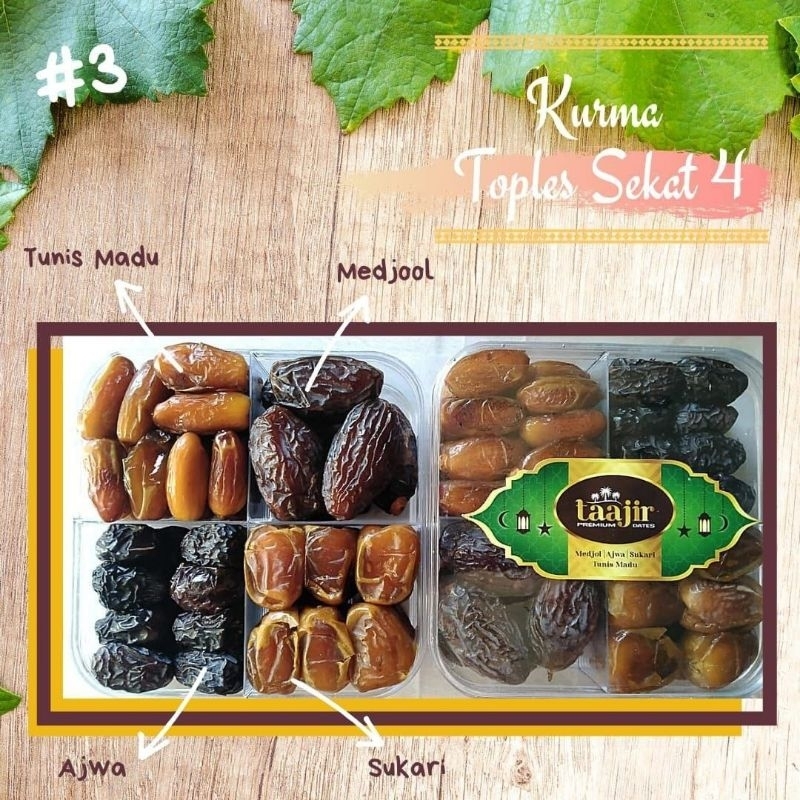 

Kurma Toples Taajir Premium Sekat 4 No.3 (Medjol, Ajwa, Tunis Madu, Sukari)