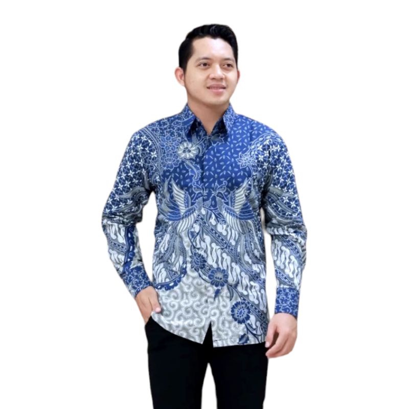 PRANOTO BIRU VIJAY BIRU Baju Batik Pria Slim Fit modern Lengan Panjang Bahan Katun Premium Sanfores 