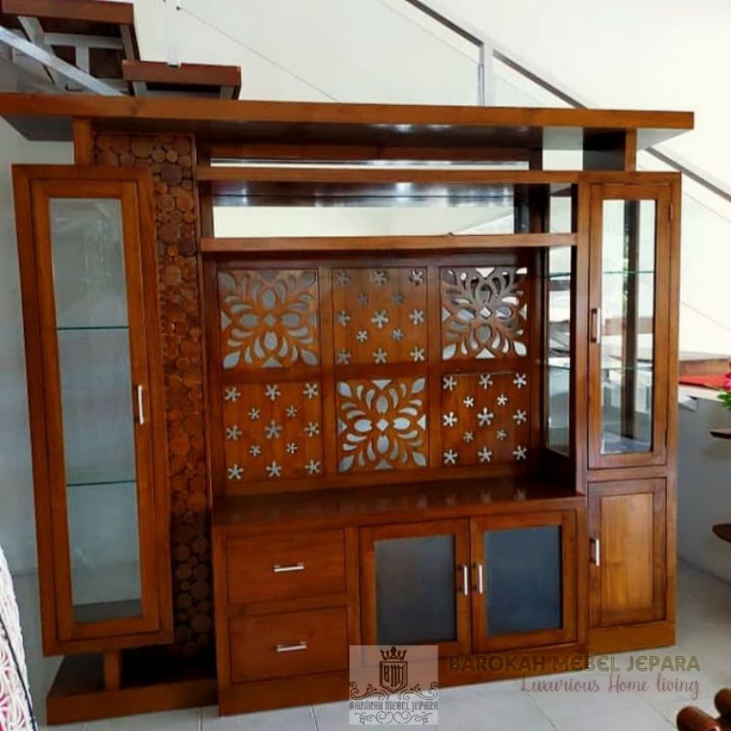Bufet TV partisi minimalis jati 2,5 inc cocok buat tv Besar , Backdrop tv jati