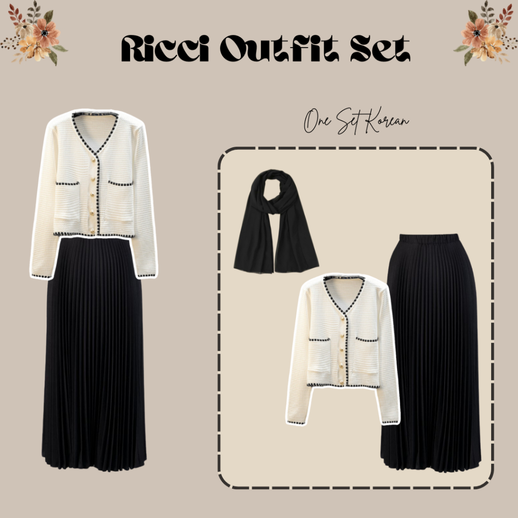 Sarahah|Setelan Outer Korean Putih, Rok Plisket Hitam, dan Pashmina Inner Hitam-OOTD Korean Style-SS