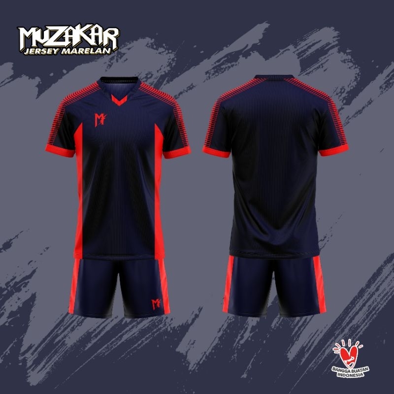 MUZAKAR Baju Futsal Setelan Stelan Jersey Bola NAVY MERAH,  Bisa Sablon