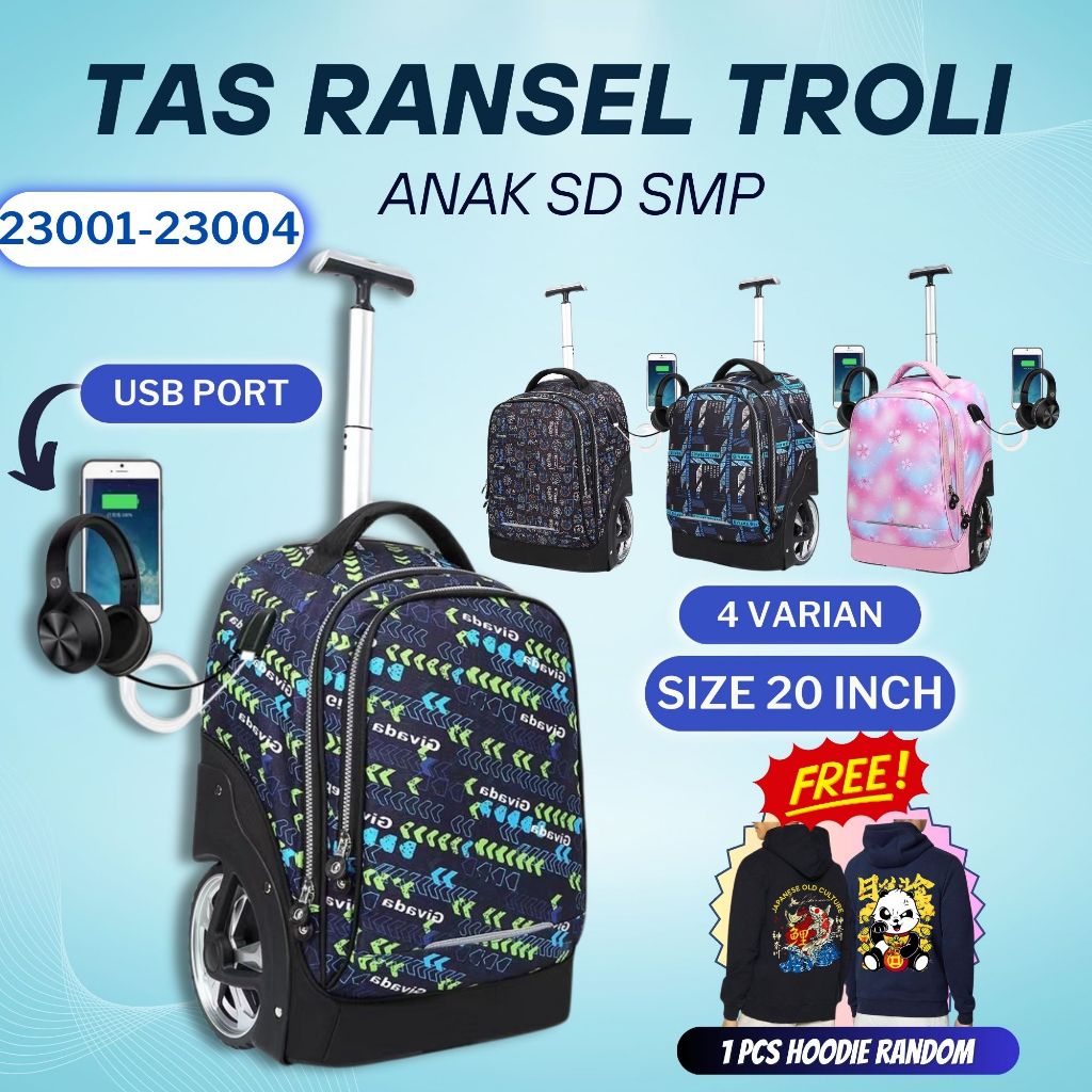 TAS KOPER TROLI ANAK SEKOLAH RODA BESAR TAS BACKPACK TRAVEL SD DAN SMP TERBARU KODE 23001 - 23004 TR