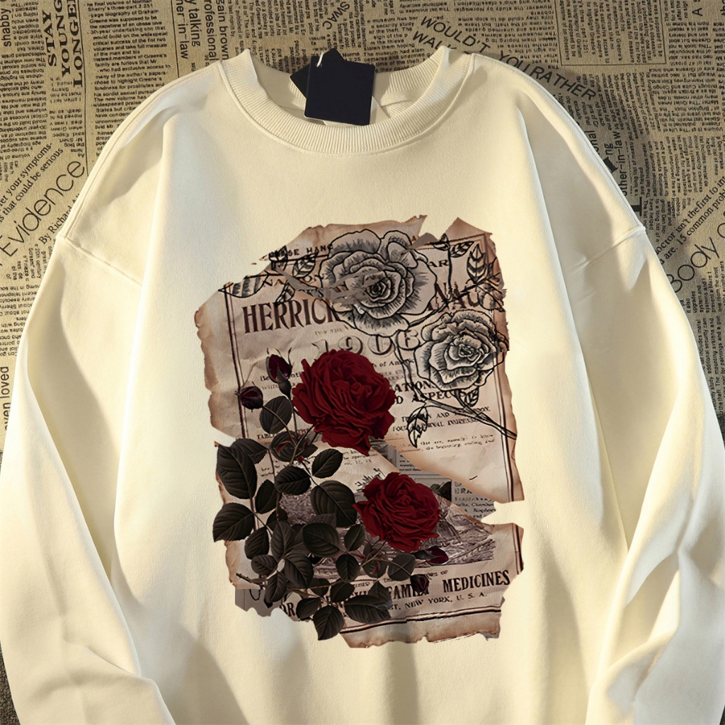 [COD] Fastfash Crewneck Sweater Pria Dan Wanita Lengan Panjang Lengan Panjang Oversize Bunga Mawar V