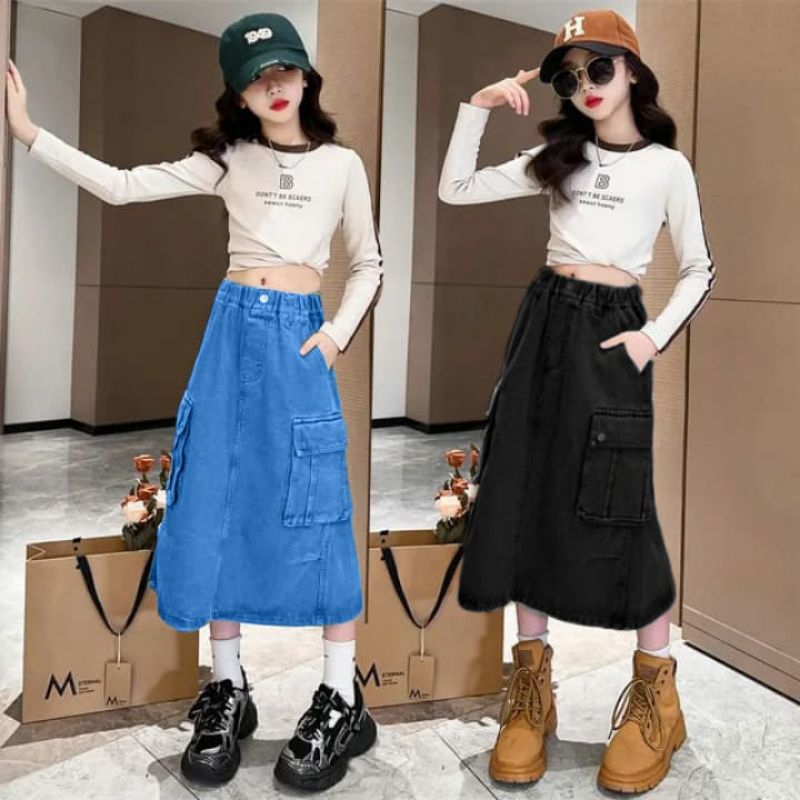 Rok Cargo Jeans anak Perempuan Usia 7-15 tahun// Rok panjang jeans cargo// Rok cargo anak