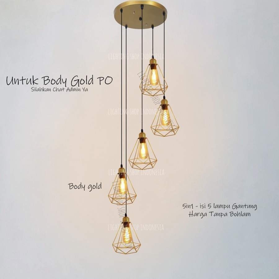 Lampu gantung void tangga 5in1 body hitam gold minimalis 5 lampu model diamond