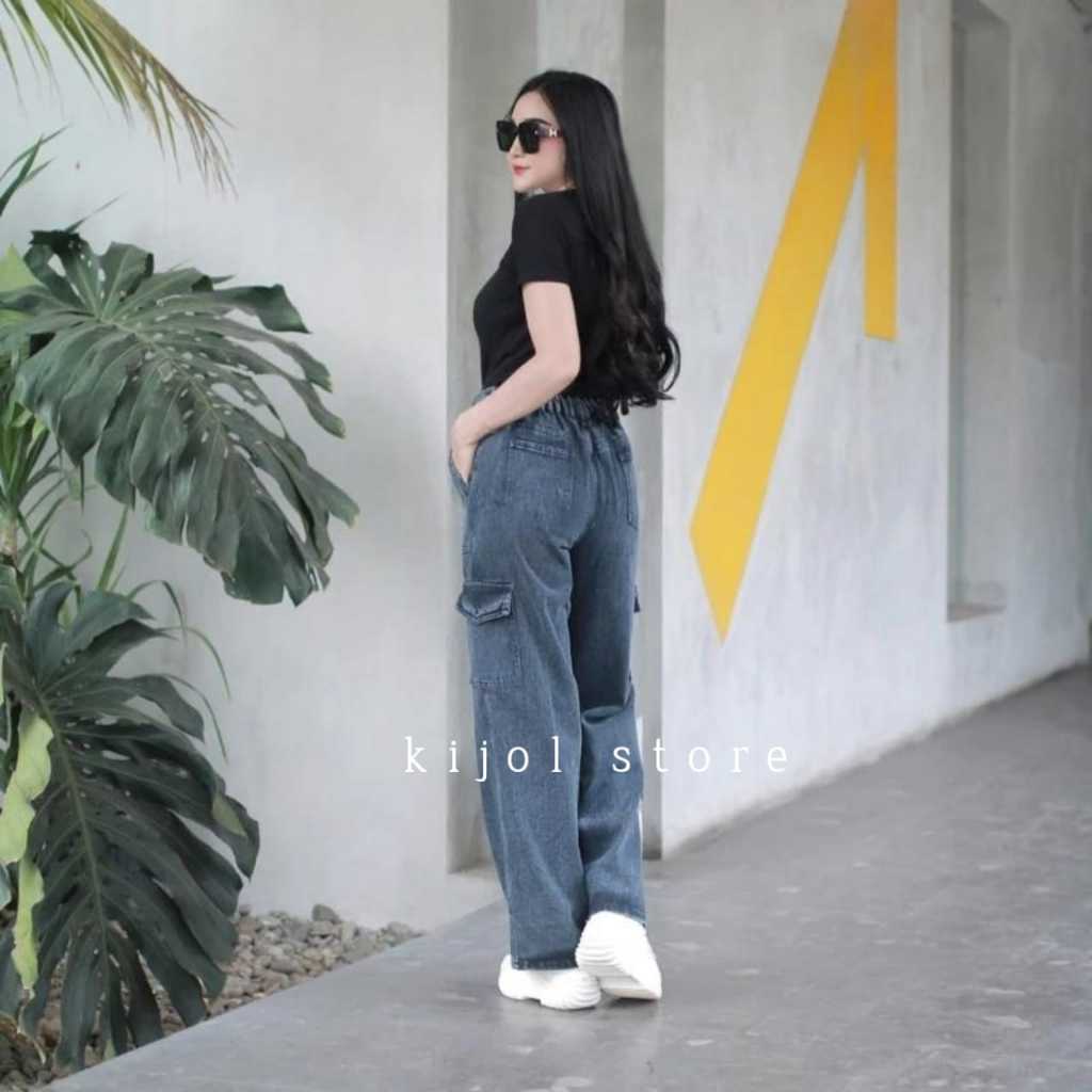 celana jeaans wanita Highwaist Kulot Jeans Pinggang yang dapat diisesuaikan, Celana panjang Highwais