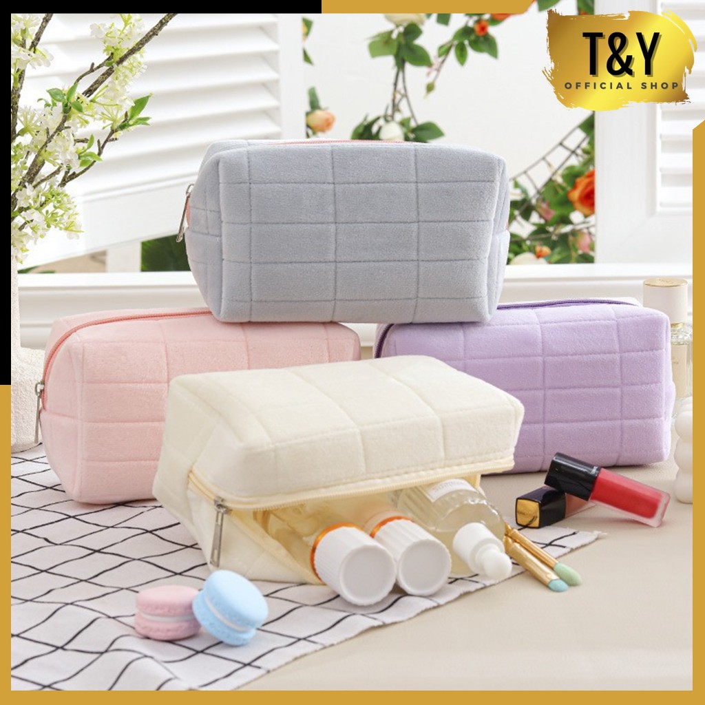 T&Y Kotak Pensil Sleting Velvet Aesthetic Pastel Pouch Kosmetik Lucu Warna Macaroon Tempat Pensil Bu