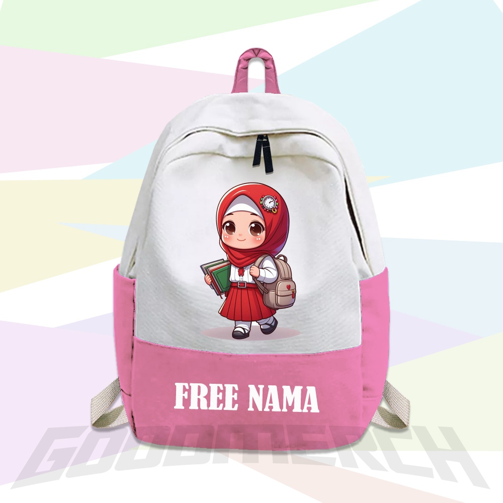 TAS ANAK SEKOLAH SD TAS RANSEL ANAK MOTIF GAMBAR KARTUN ANAK HIJAB SEKOLAH / FREE CETAK NAMA