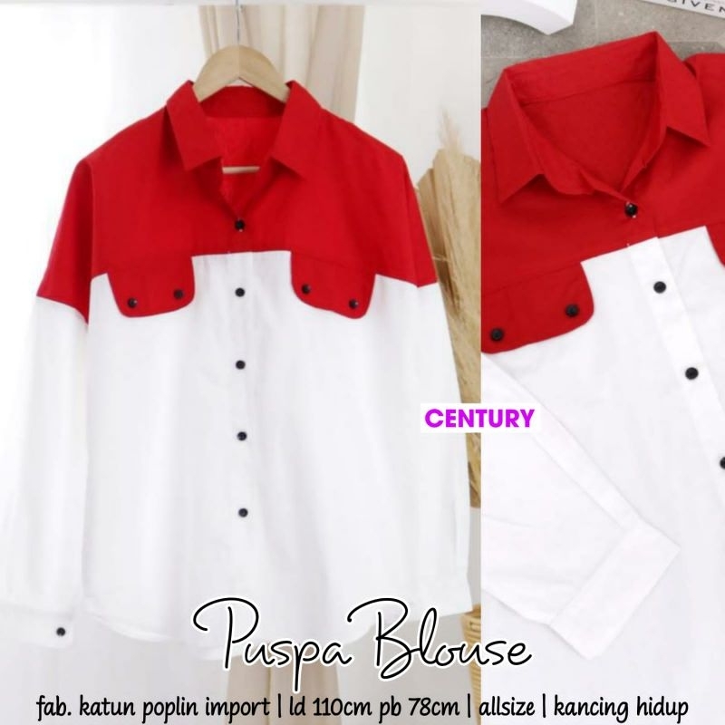 ATASAN BLOUSE MERAH PUTIH WANITA BAHAN KATUN POPLIN KANCING AKTIF.