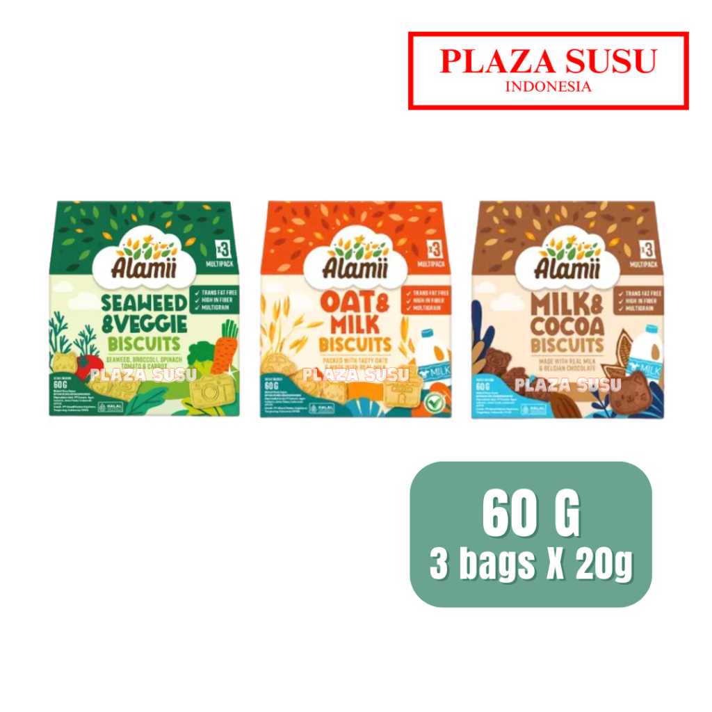 

ALAMII MULTIGRAIN BISKUIT BISCUIT 60G (3'S X 20G) ALAMII SEAWEED VEGGIE/ MILK OAT/ COCOA MILK