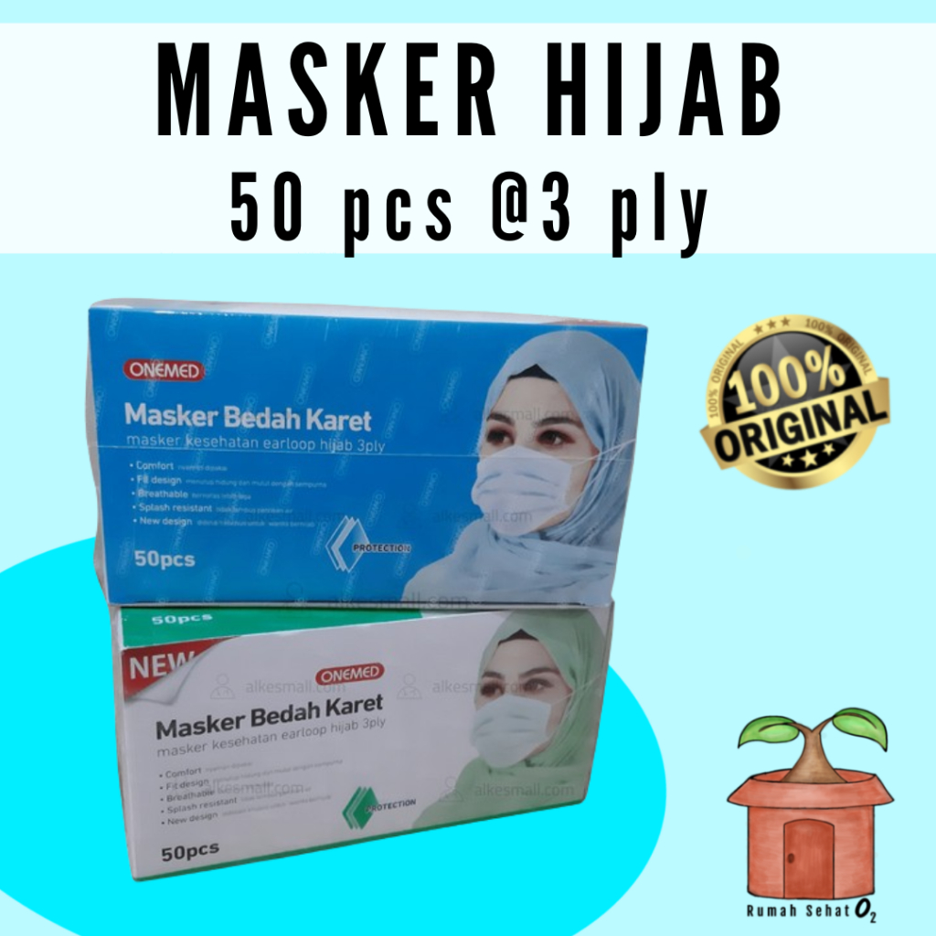 Masker Hijab Medis 3 Ply Jilbab Bedah Karet Kesehatan Earloop Onemed 50 pcs Protection Sekali Pakai
