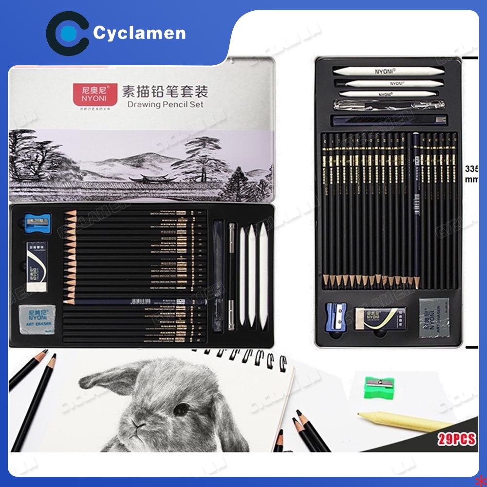 

lukisan seni rupa nyoni drawing pencil gambar set 29pcs metal tin box pensil gambar lukis sketsa