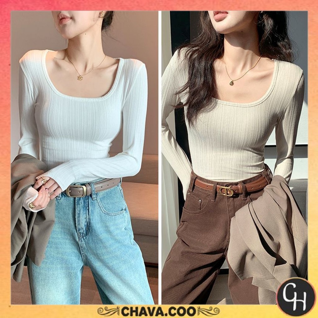 CHAVA | BJ1608 Pakaian Wanita Baju Atasan Lengan Panjang Inner Knit Rib Longsleve Squere Neck