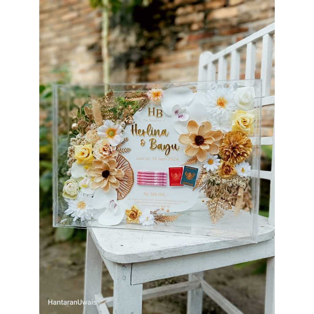 Mahar Fullset Acrylic / Akrilik 2mm Box + Bunga + Replika Emas (30cm x 40cm)