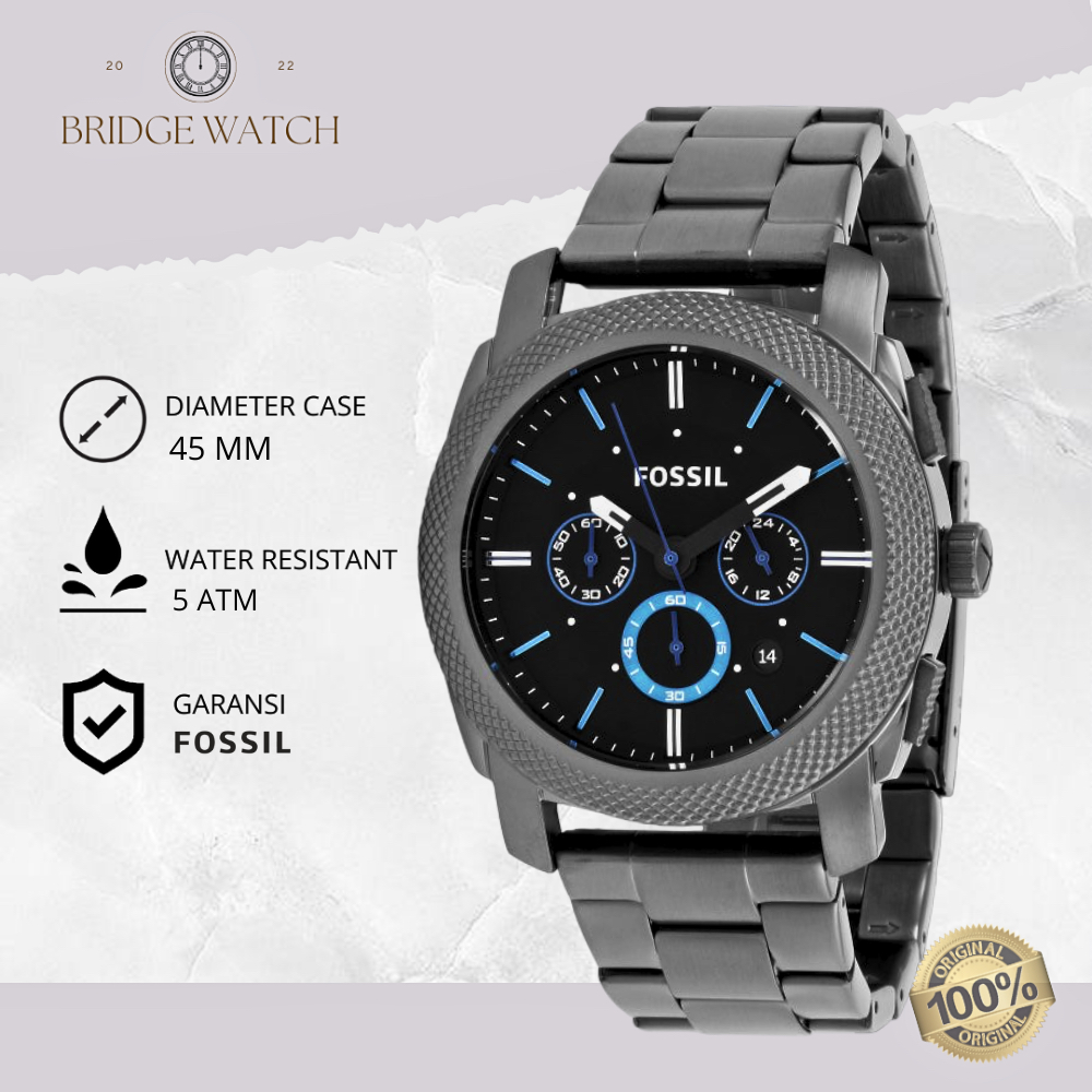 Jam Tangan Pria Fossil Machine FS4931 Dark Grey Stainless Steel Strap Analog Chronograph Sporty Mewa