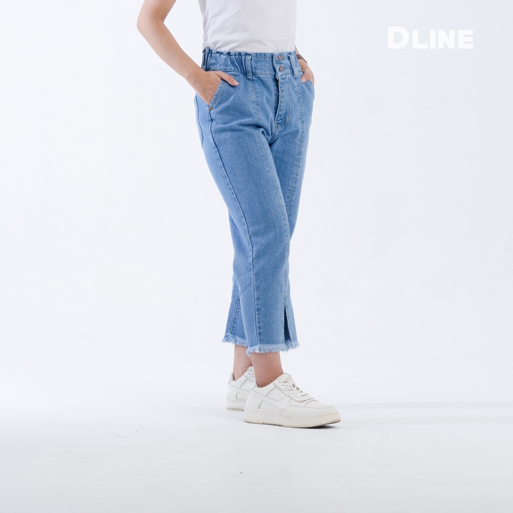 DLINE Celana Jeans 7/9 Rawis Wanita Pinggang Belakang Karet Baggy Denim Midi Boyfriend Summer Jeans