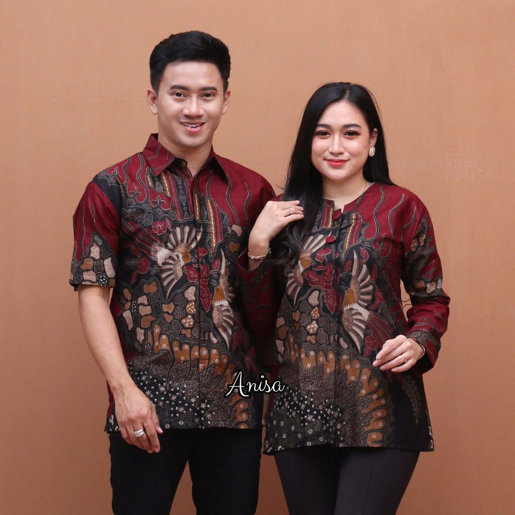Baju Pasangan - Hem Pria dan Blouse Wanita Lengan Panjang - Motif Merpati Kembar - Ukuran M L XL XXL