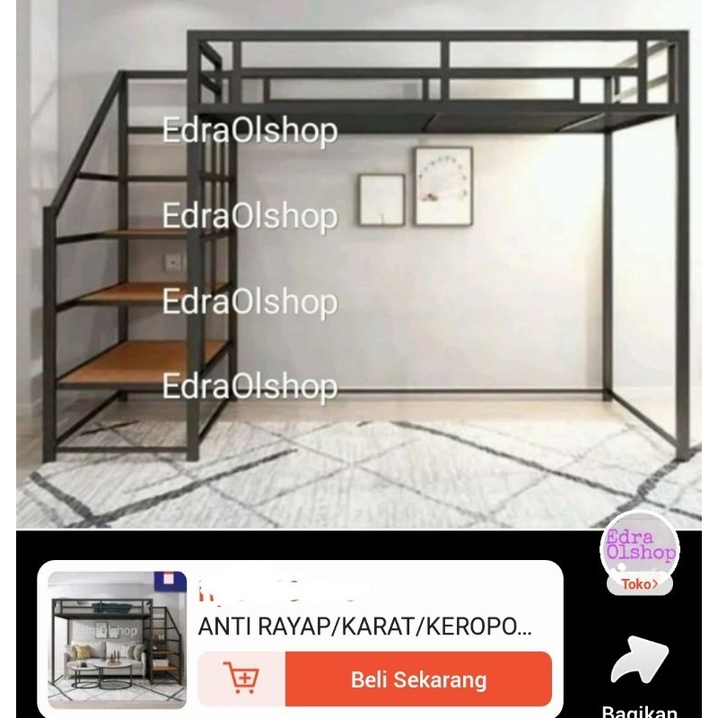 Mezzanine 160-180x200cm Ranjang Besi Loftbed Tingkat Atas Tangga Rak Kuat Minimalis