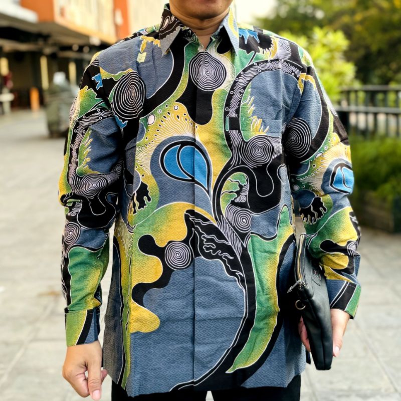 Kemeja batik pria BLUE DENIM lengan panjang bahan doby motif terbaru